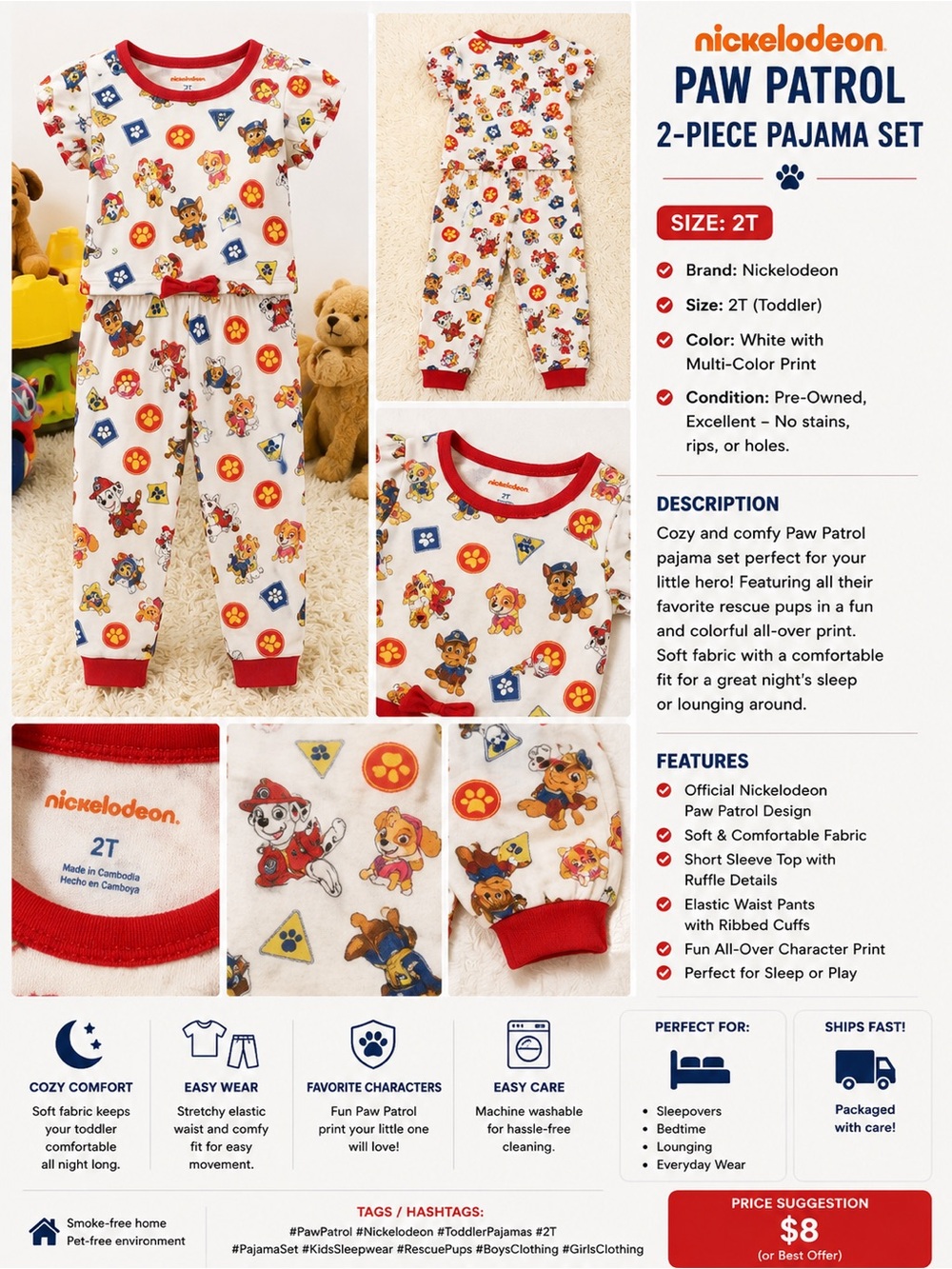 Nickelodeon Paw Patrol 2-Piece Pajama Set - White with Red Trim